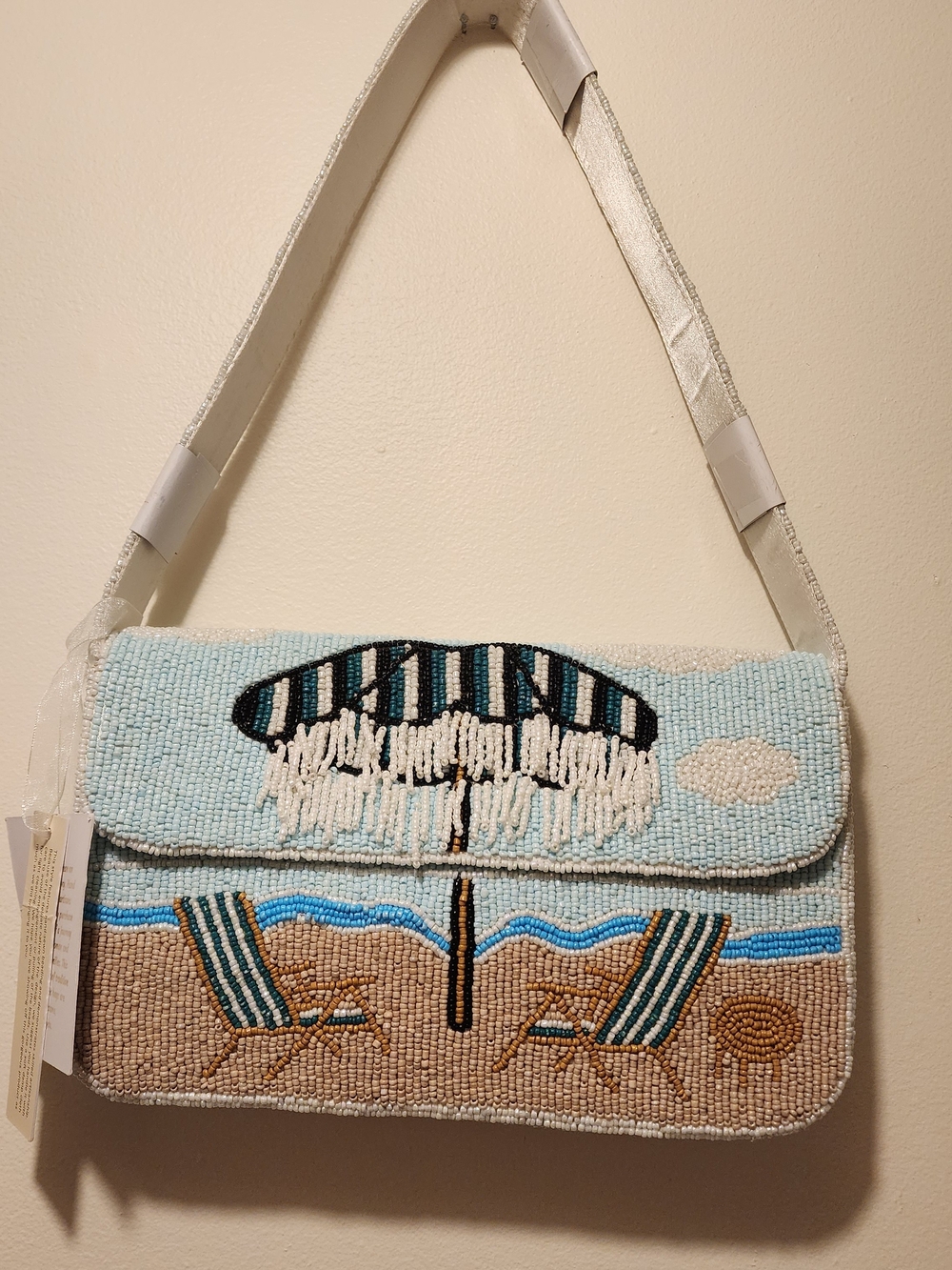 Beaded Beach Scene Crossbody Bag - Light Blue, Tan